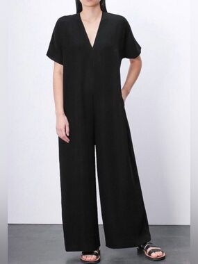 Roucha Jome Black Wide Leg Jumpsuit V-Neck Lagenlook Minimalist Size BB